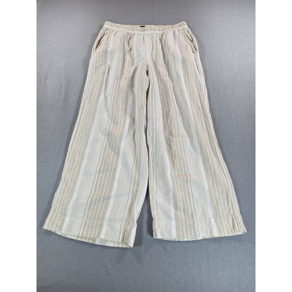 Tahari Wide Leg Pants Womens Large Beige White Striped Linen Blend Elastic Waist